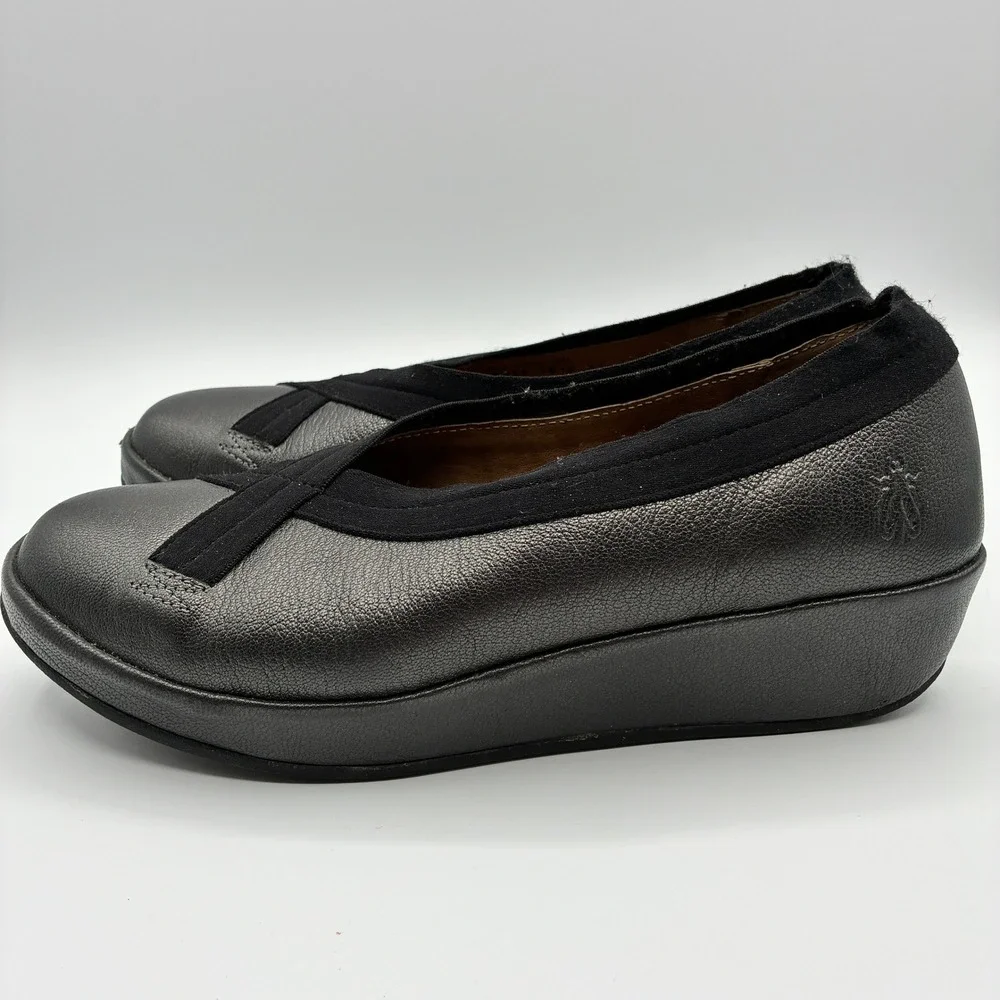 Fly London Bobi Wedge Loafers Womens 41 10 Black Metallic Leather Slip On Shoes